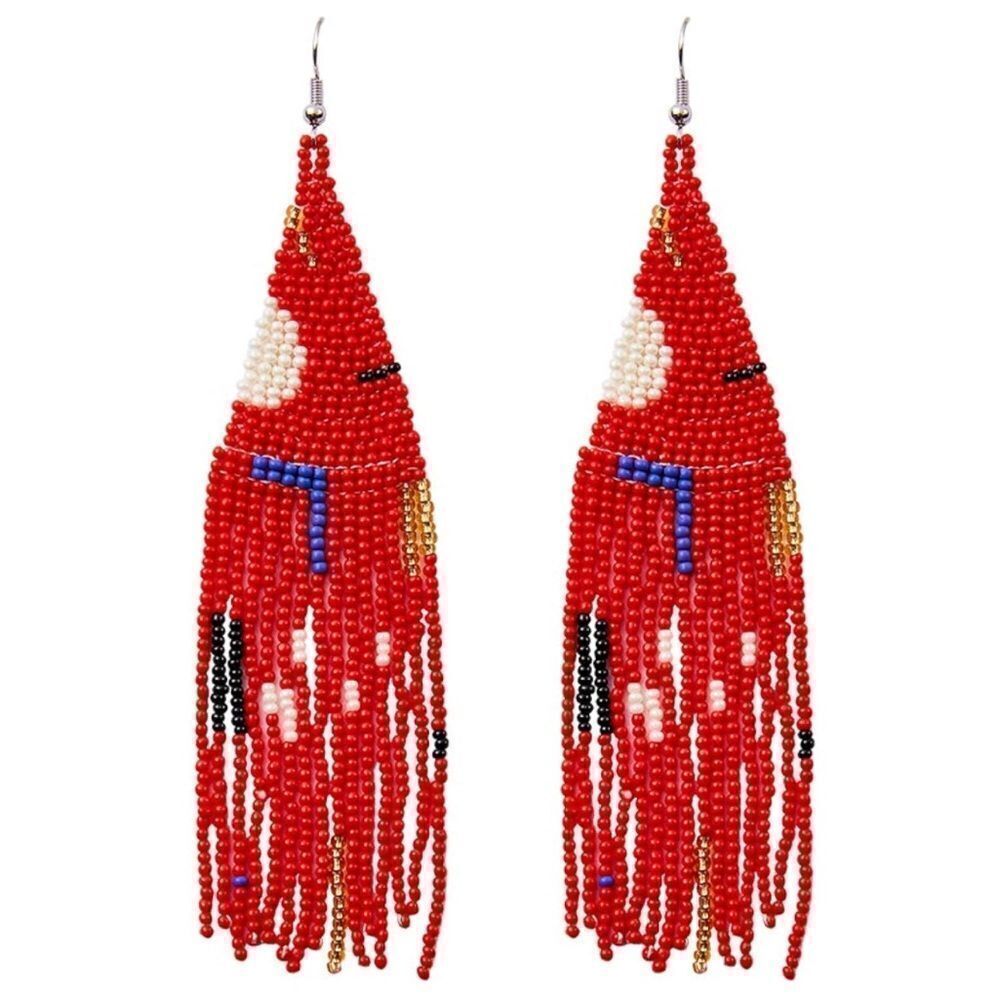 Geometric Boho Seed Bead Tassel Dangling Statement French Wire Hook Earrings